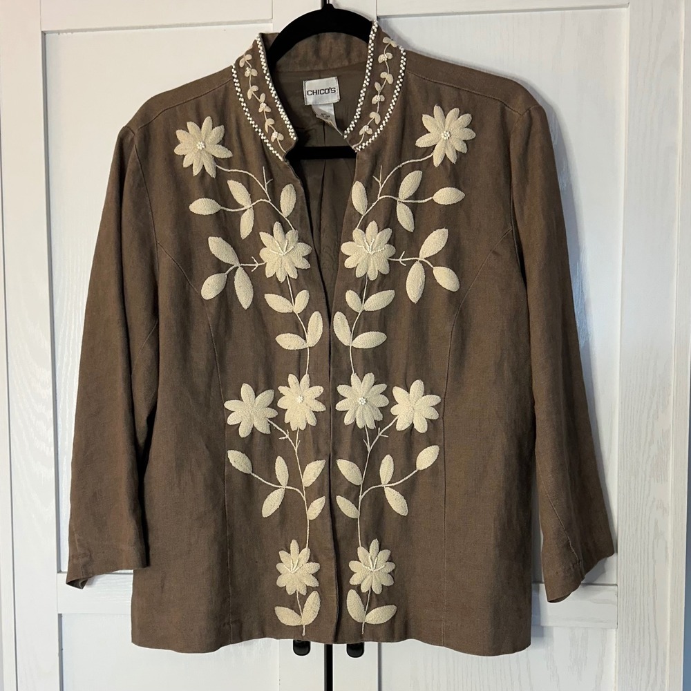 Chicos Linen Taupe & Cream Floral Embroidery Jacket‎ Size Large Chicos 2 Boho